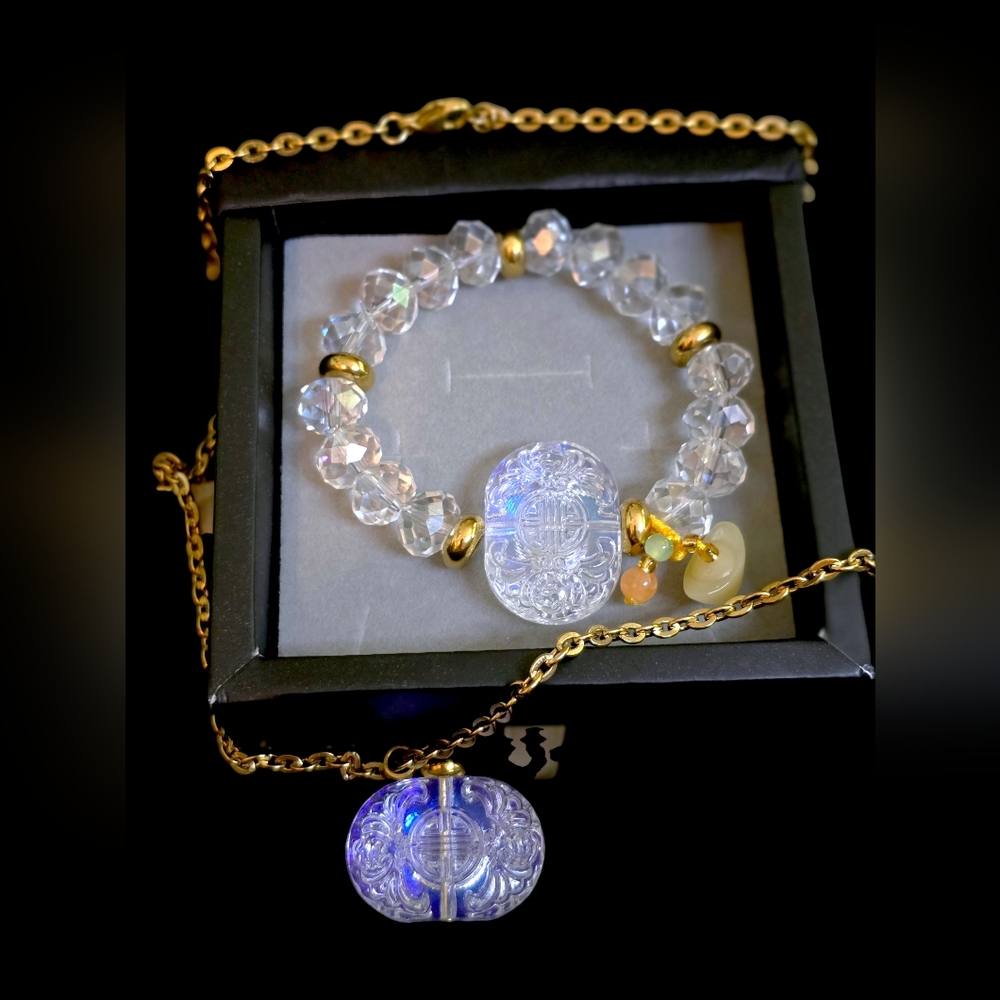 Prosperity and luck necklace and bracelet set, 18k gold plated and Austrian...